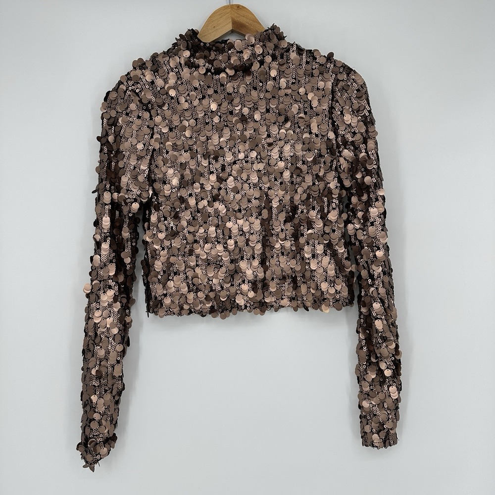 DKNY Jeans Sequin Copper Top Blouse mock neck large long sleeve